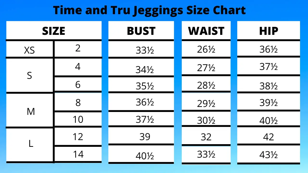 Time and Tru Jeggings size chart 